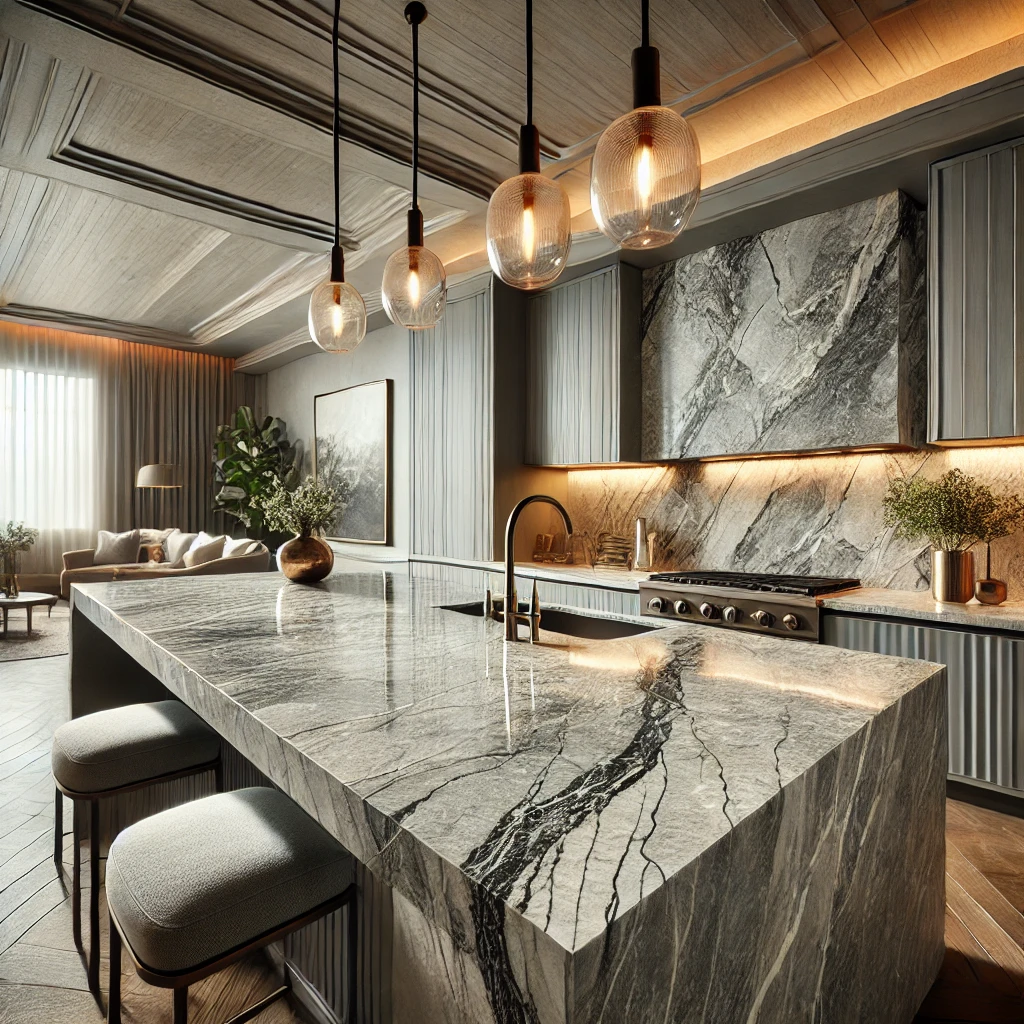 luxurious kitchen featuring a stunning quartzite countertop. The quartzite has natural veining and a polished surface that reflects light. The kitchEn