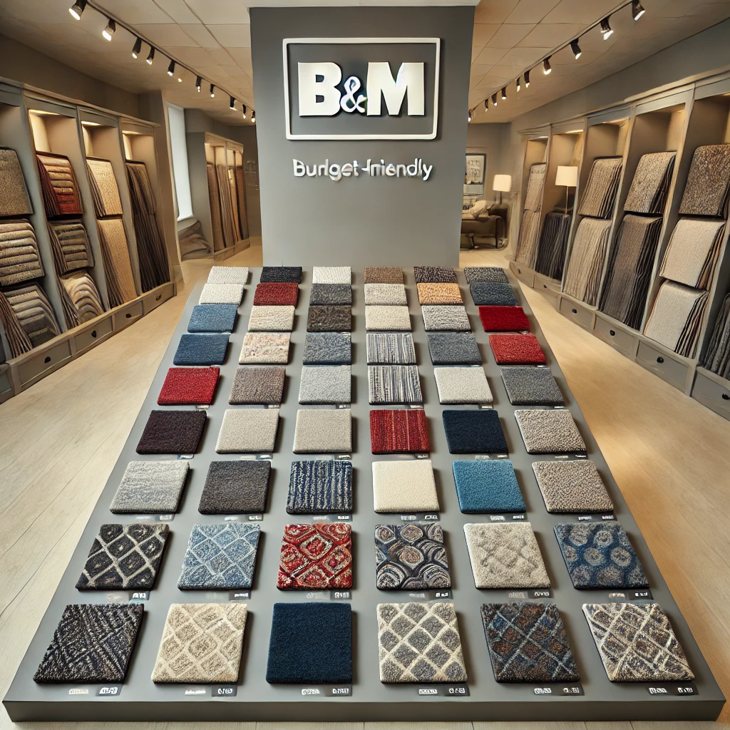 15 Stylish & Affordable B&M Carpet Tiles You Need to See 3 A beautifully arranged display of 15 different budget friendly BM carpet tiles in various colors and textures. The tiles are neatly laid out in a sty