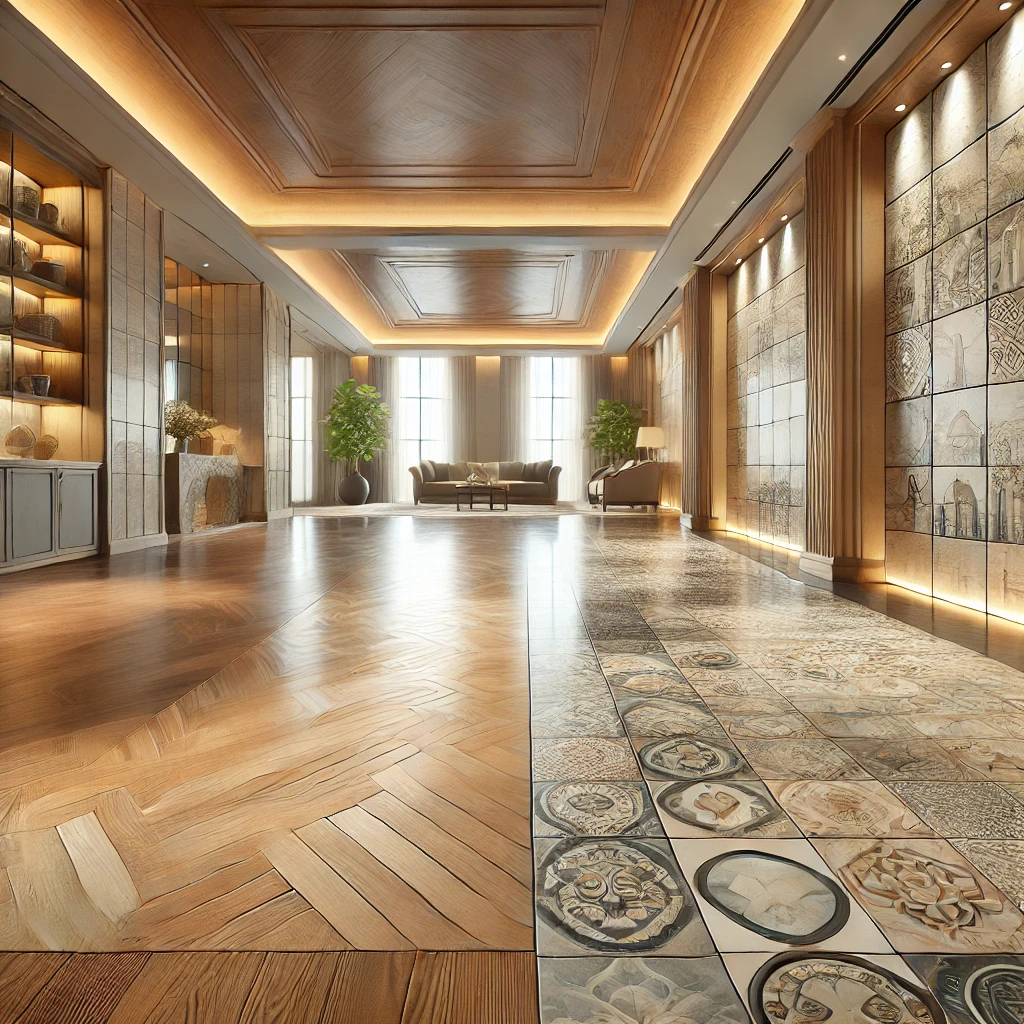 10 Game-Changing Floors and Tiles That Will Transform Your Home Instantly! 3 A beautifully designed interior featuring a combination of stylish floors and tiles. The space includes polished wooden flooring blending seamlessly w