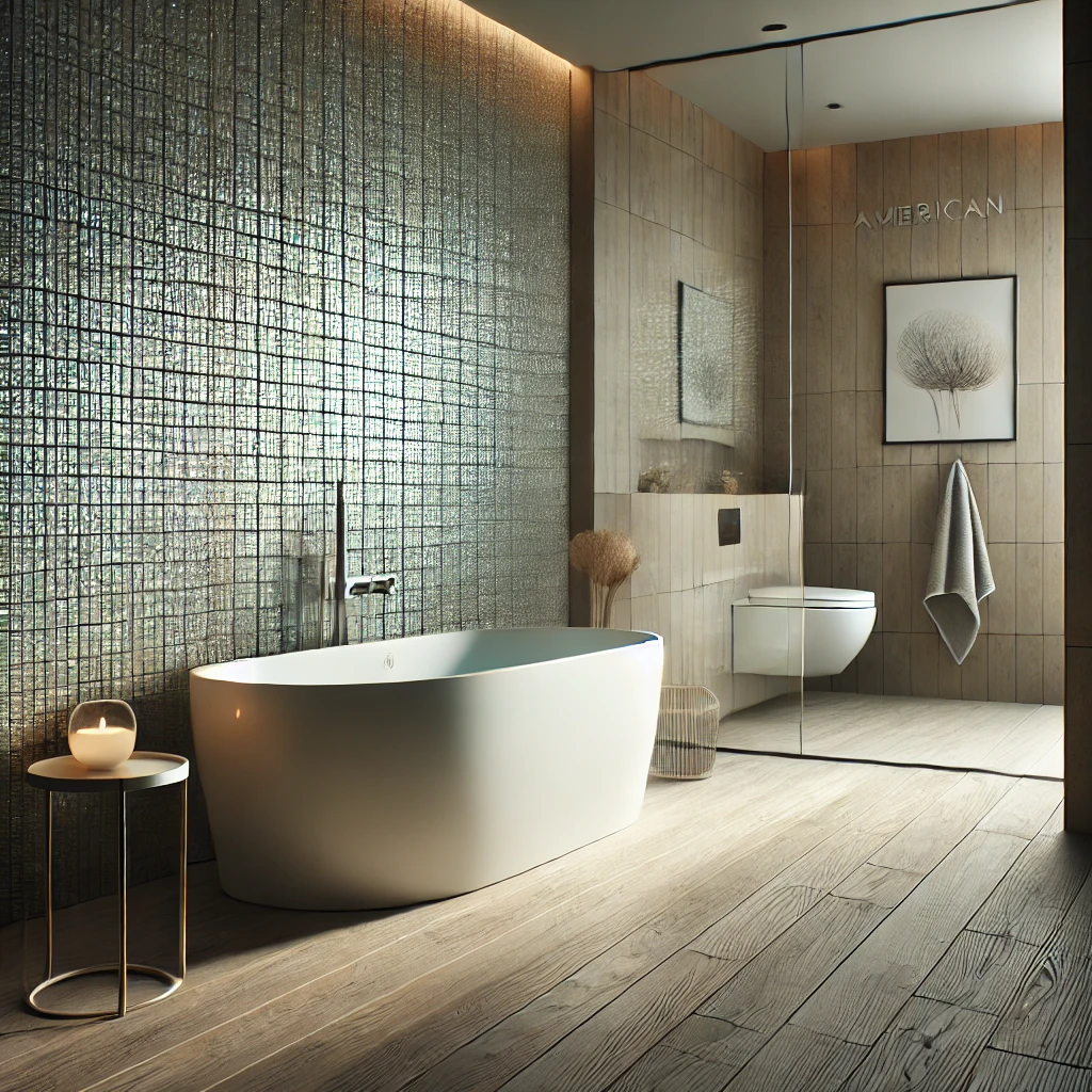 13 Jaw-Dropping Reasons to Choose American Olean Tile: Transform Your Home with Timeless Elegance 3 A beautifully designed modern bathroom featuring American Olean tiles. The floor has a rustic porcelain wood look tile while the walls showcase sleek