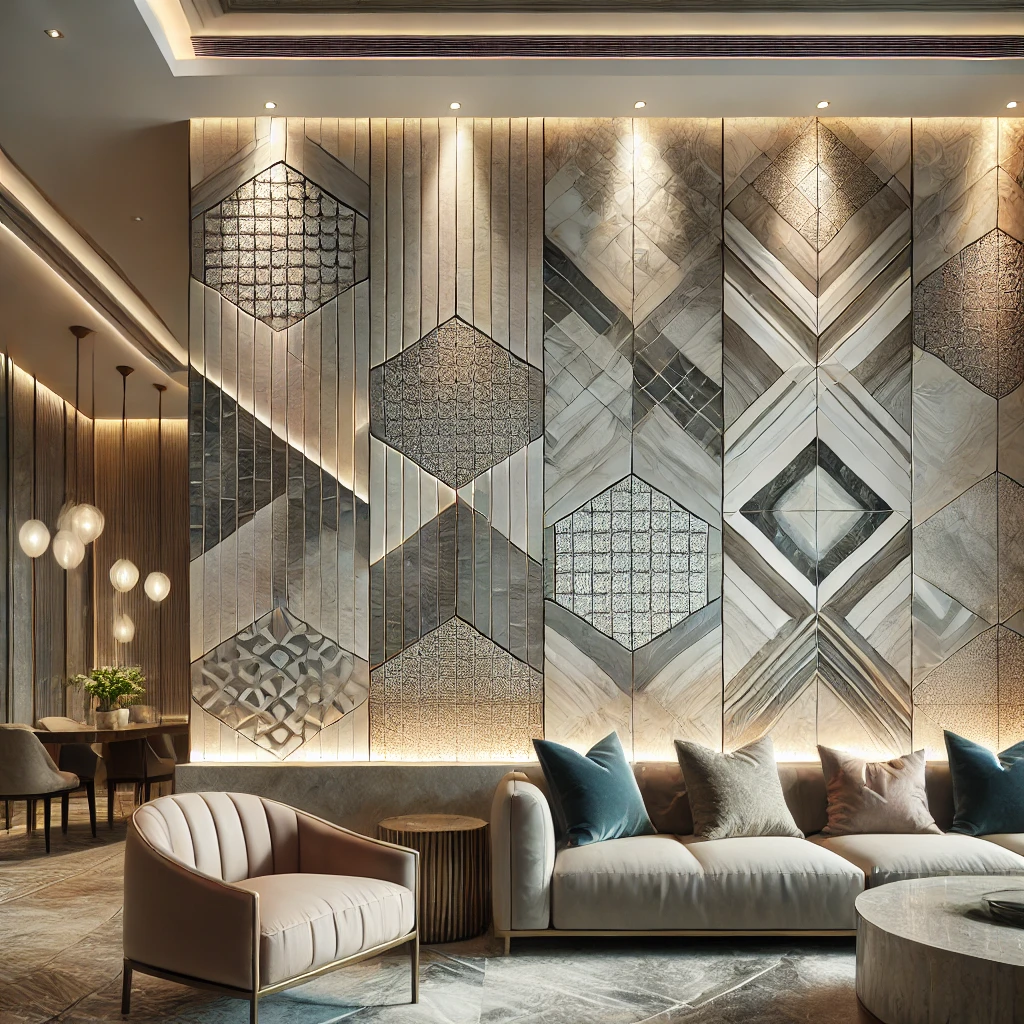 10 Stunning Tiled Wall Ideas That Will Transform Your Space Instantly! 3 A beautifully designed modern interior featuring a striking tiled wall. The wall showcases a mix of ceramic and porcelain tiles in an elegant geometri