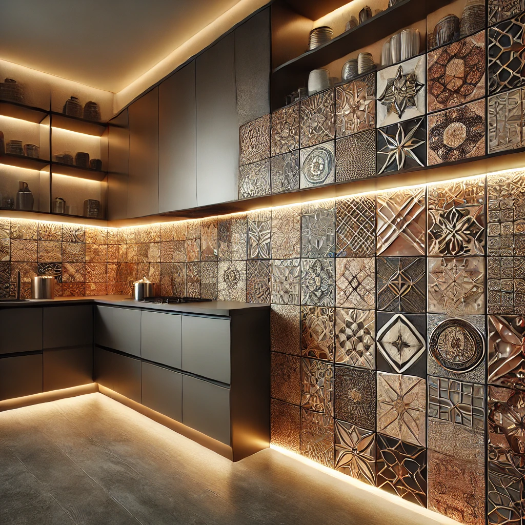 15 Jaw-Dropping Reasons to Choose Backsplash Tiles: Elevate Your Home with Style 3 A beautifully designed modern kitchen featuring unique backsplash tiles with intricate geometric patterns in warm earthy tones. The tiles reflect a mi