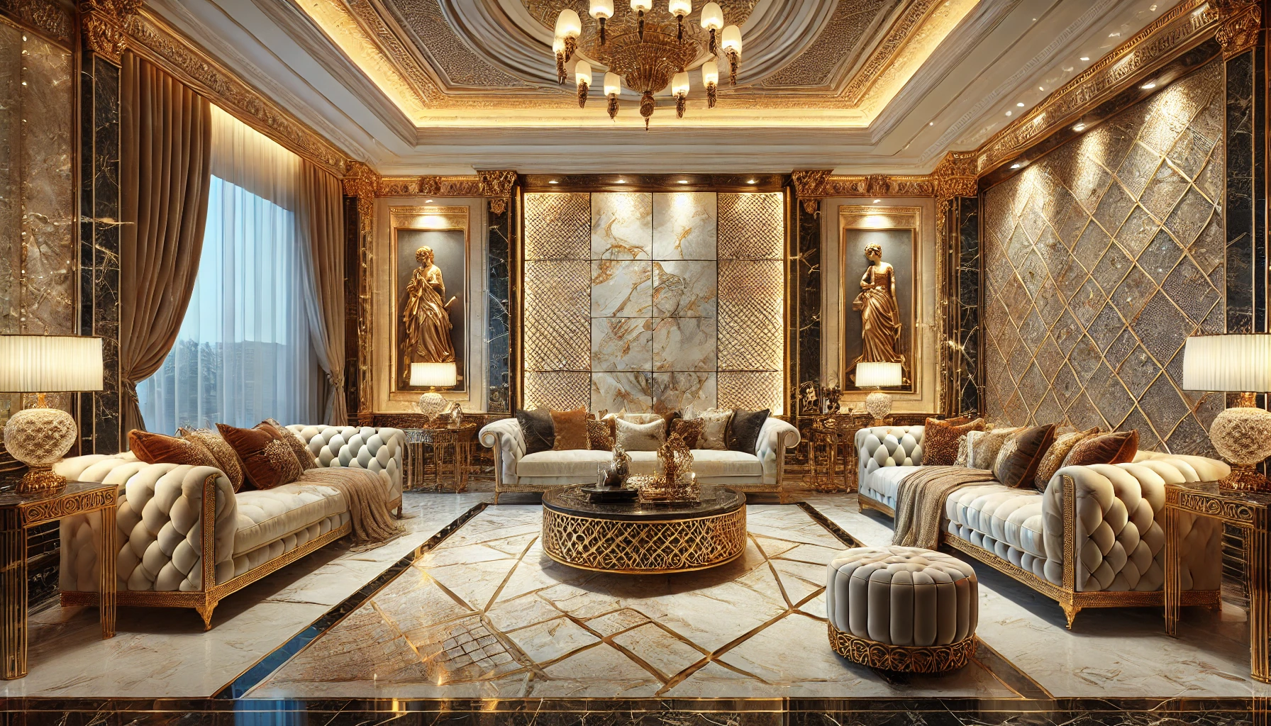 luxurious and rich-looking image of a breathtaking living room with stunning wall tiles