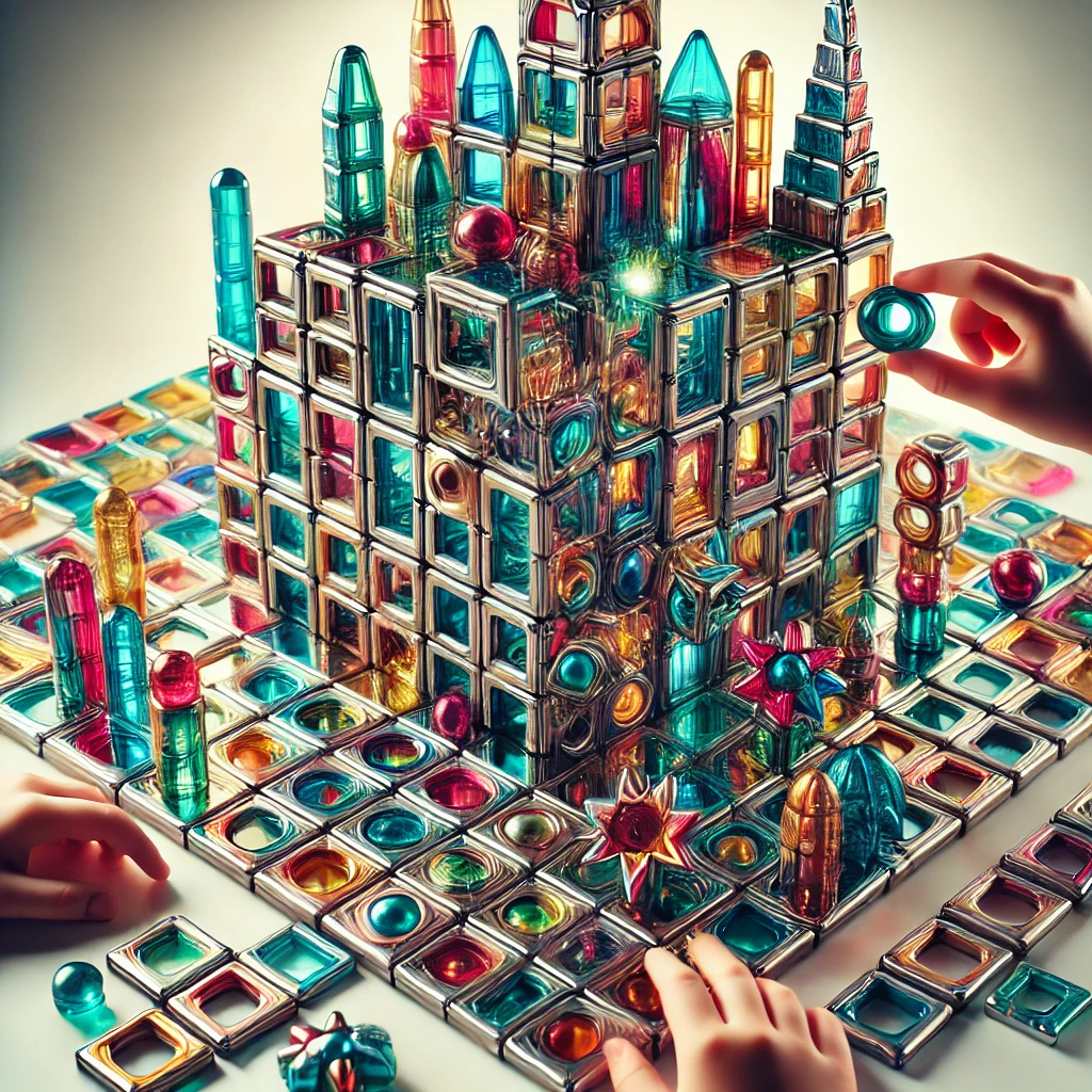 15 Powerful Reasons Why Magnetic Tiles Are a Must-Have for Creative Play 3 A captivating image of magnetic tiles arranged in an intricate multi layered structure resembling a futuristic cityscape. Show vibrant transparent t