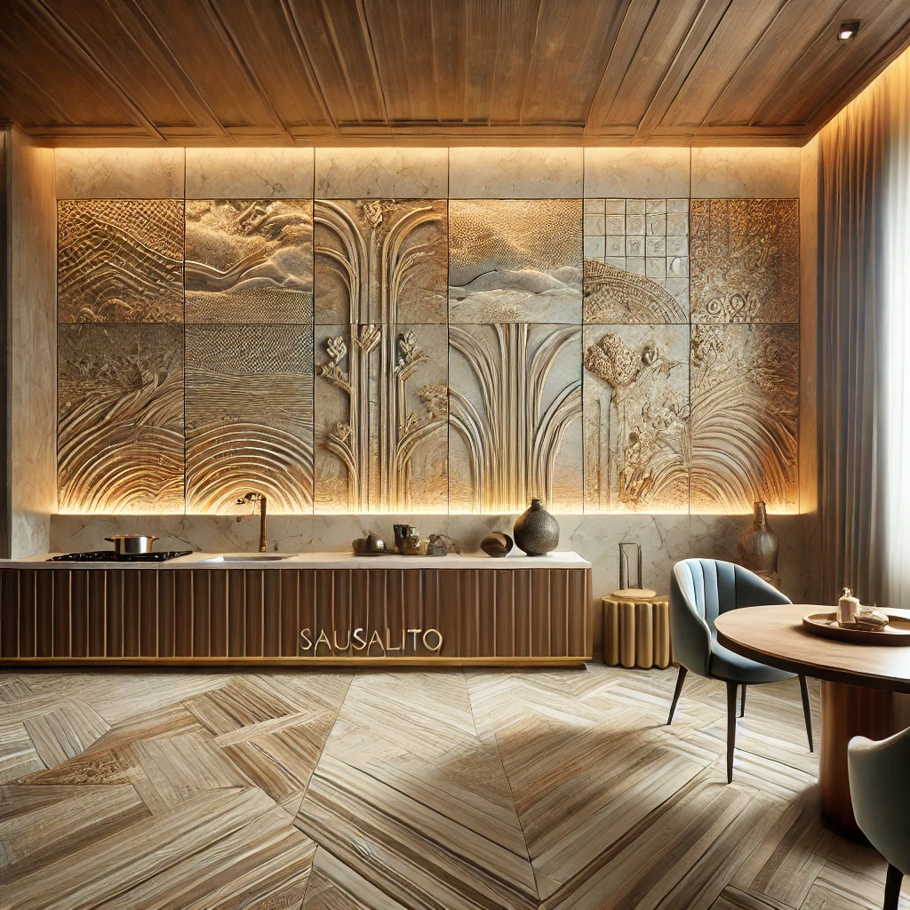 9 Stunning Reasons to Choose Clé Tile Sausalito for Your Next Project 3 A luxurious interior featuring Cle Tile Sausalito tiles. The walls showcase handcrafted ceramic tiles with unique textures and elegant earthy tones. T