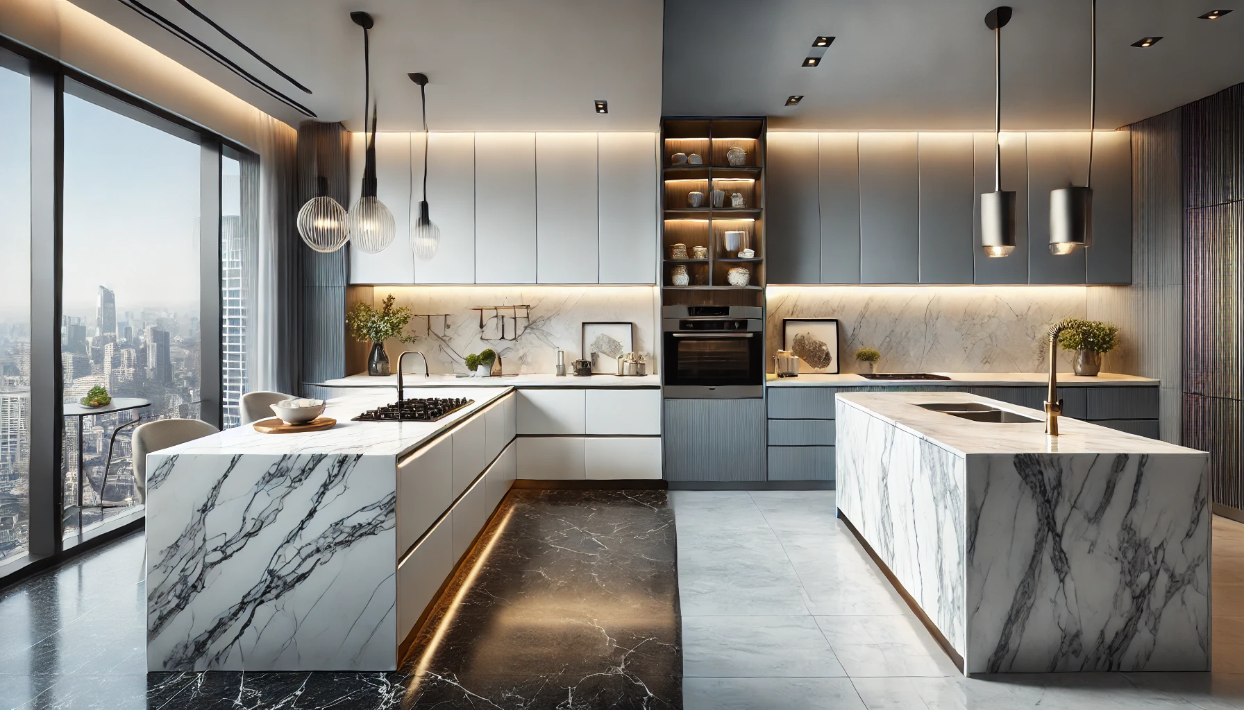 marble and porcelain countertops in a luxurious kitchen