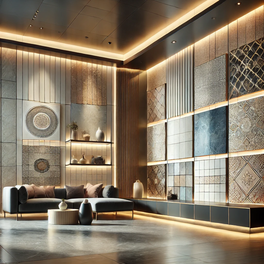 "10 Stunning Wall Tiles Ideas That Will Transform Your Space Instantly!" 3 A luxurious modern interior showcasing a variety of stylish wall tiles. The room features an elegant combination of ceramic porcelain and mosaic til