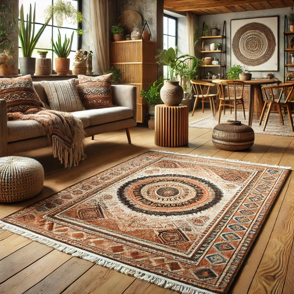 4x4 Rugs: 9 Stunning Ways to Instantly Transform Your Space — You Won’t Believe #5! 3 A modern 4x4 rug with intricate bohemian patterns in warm earthy tones placed in a cozy living space. The room features rustic decor with wooden furn