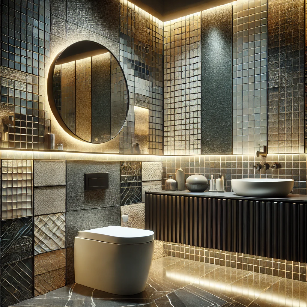 15 Stunning Bathroom Wall Tiles Ideas to Elevate Your Space 3 A modern bathroom showcasing a stylish arrangement of various bathroom wall tiles in different colors textures and patterns. The tiles include gloss
