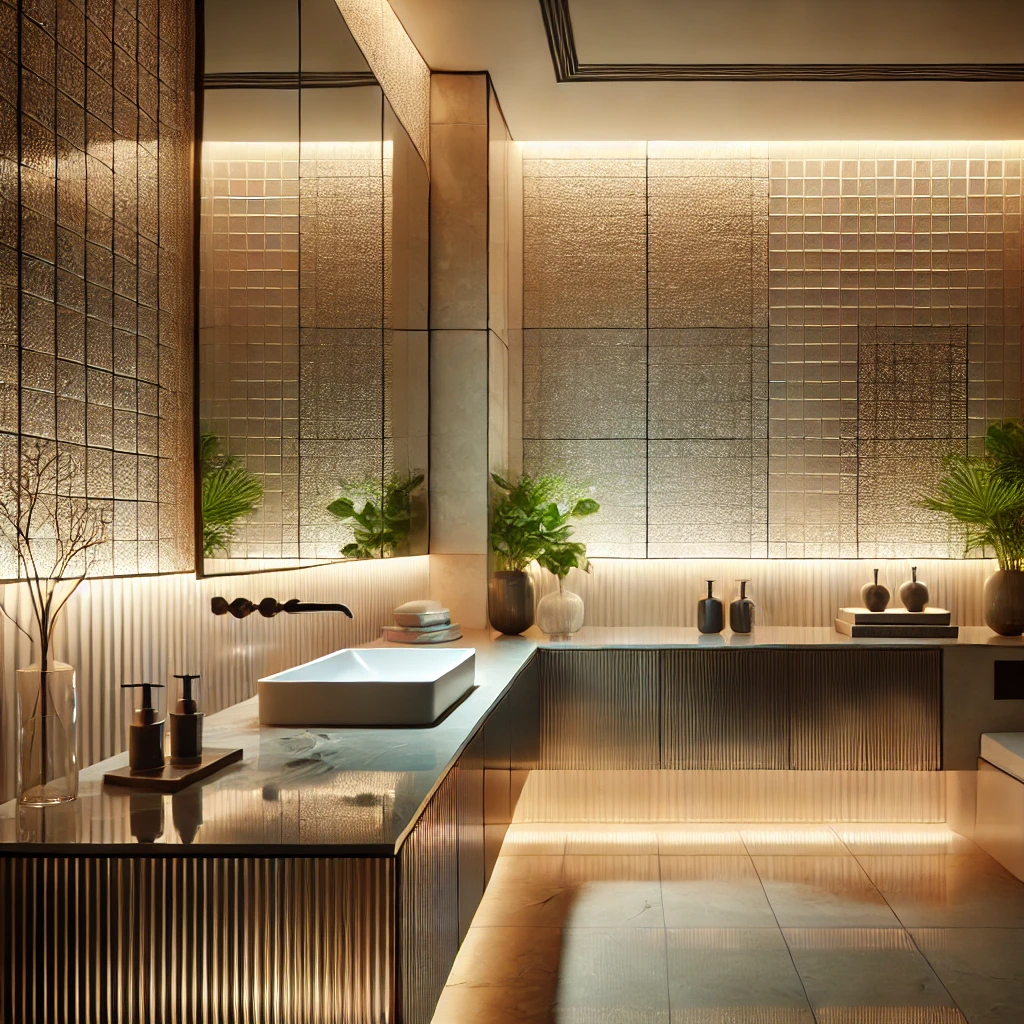 10 Stunning Bathroom Backsplash Tile Ideas That Will Transform Your Space Instantly 3 A modern bathroom showcasing elegant and stylish backsplash tiles with a combination of glass and ceramic materials in neutral tones. The tiles have s