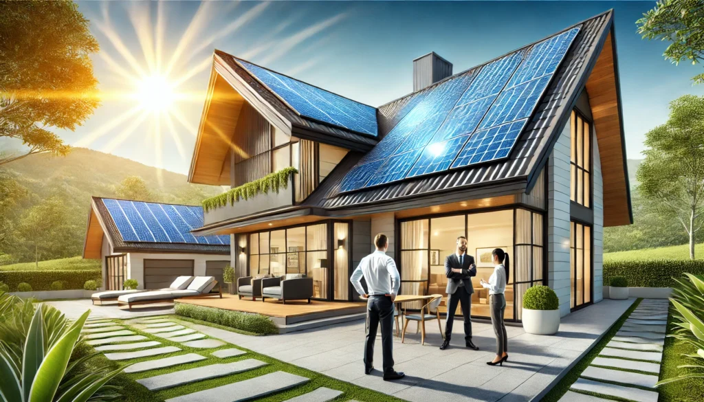 A modern home with sleek solar tiles integrated seamlessly into the roof