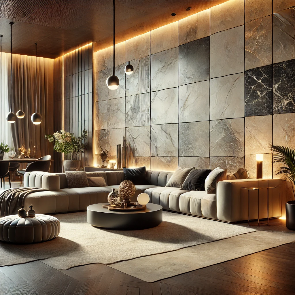 modern living room with stunning wall tiles