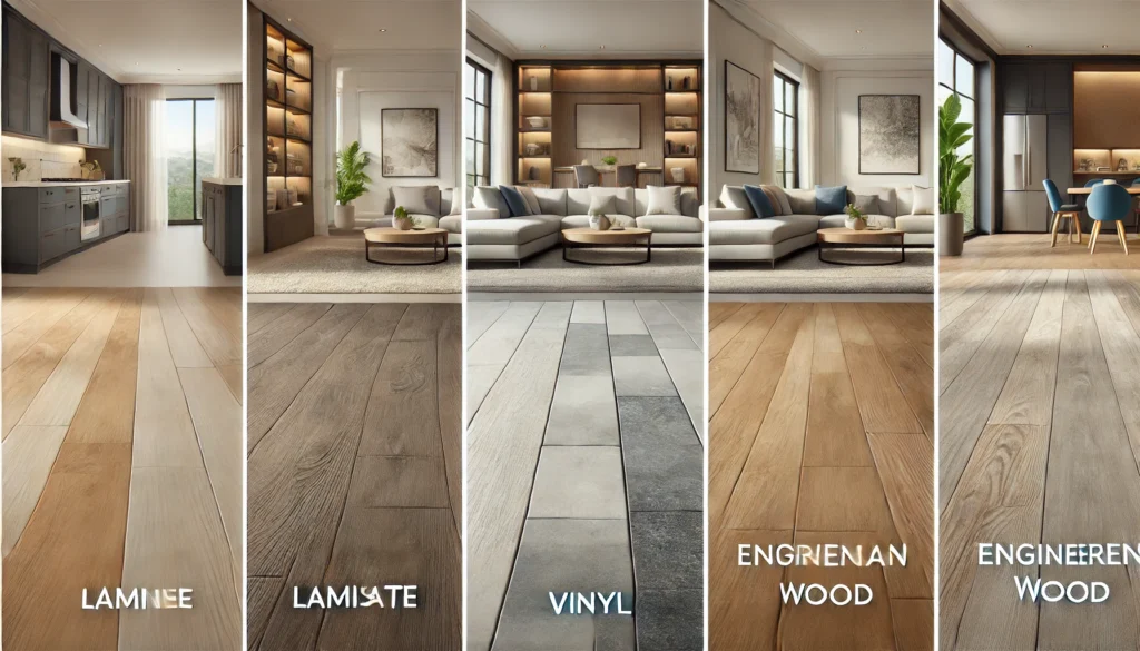 Laminate vs Vinyl vs Porcelain vs Engineered Wood: 8 Must-Know Facts Before You Decide Which Is Best? 4 A side by side comparison of four flooring materials laminate vinyl porcelain and engineered wood. Each section showcases a sample of the flooring