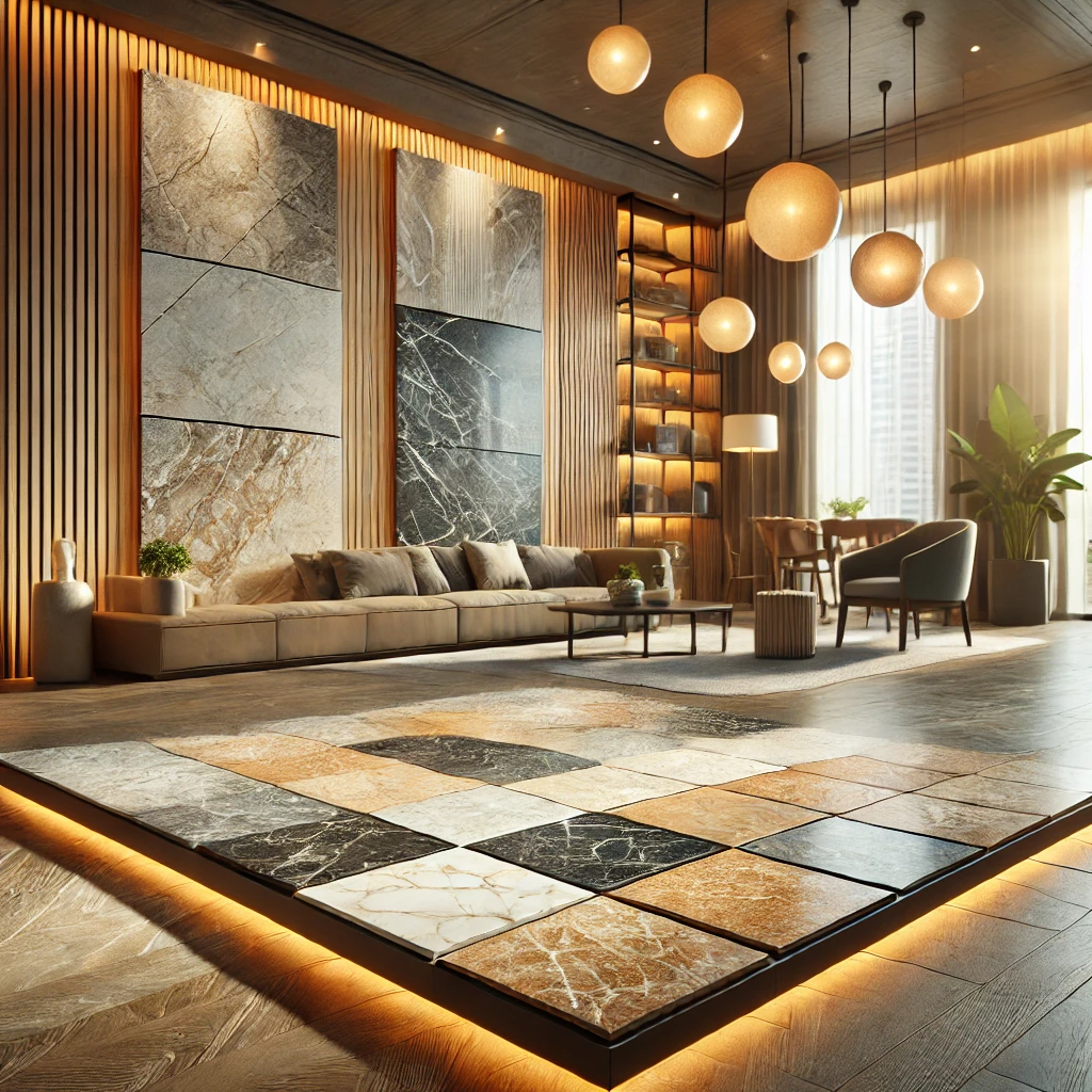 12 Jaw-Dropping Reasons to Choose Stone Tiles: Timeless Beauty & Durability Unveiled 3 A stylish and realistic image of stone tiles displayed in a modern home setting. Showcase a mix of marble slate and granite tiles with varying