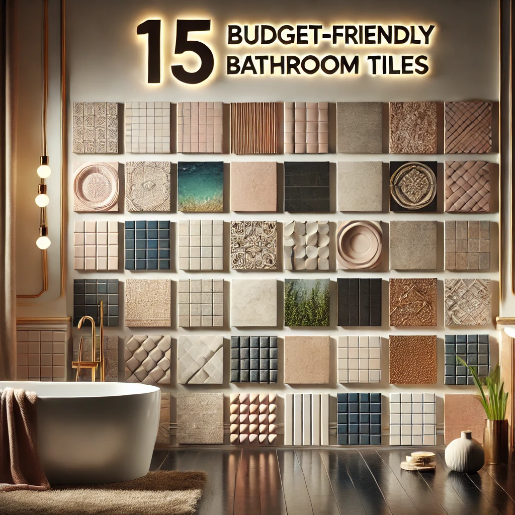 15 Budget-Friendly cheap Bathroom Tiles That Look Luxurious 3 A stylish display of 15 different budget friendly bathroom tiles arranged in a luxurious bathroom setting. The tiles come in various colors