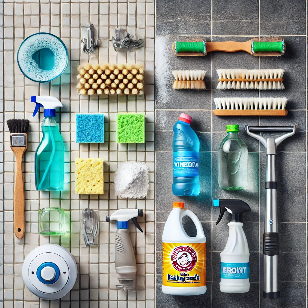 7 Unbelievable Grout Cleaning Hacks That Actually Work – You Have to Try #2! 4 An eye catching flat lay of grout cleaning tools and ingredients arranged on a tiled floor. Items like a scrub brush baking soda vinegar hydrogen p