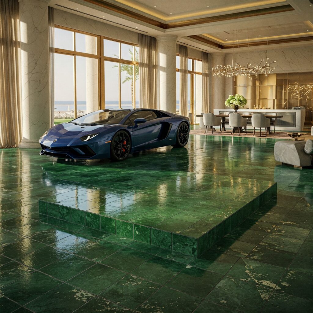 10 Gorgeous Green Floor Tile Ideas That Will Refresh Your Space 7 lamborghini-green-garage-floor-tile-Ideas-exhibition