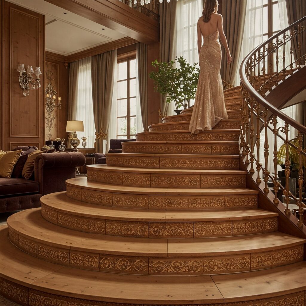 luxurious home interior showcasing a grand staircase adorned with elegant wood tile