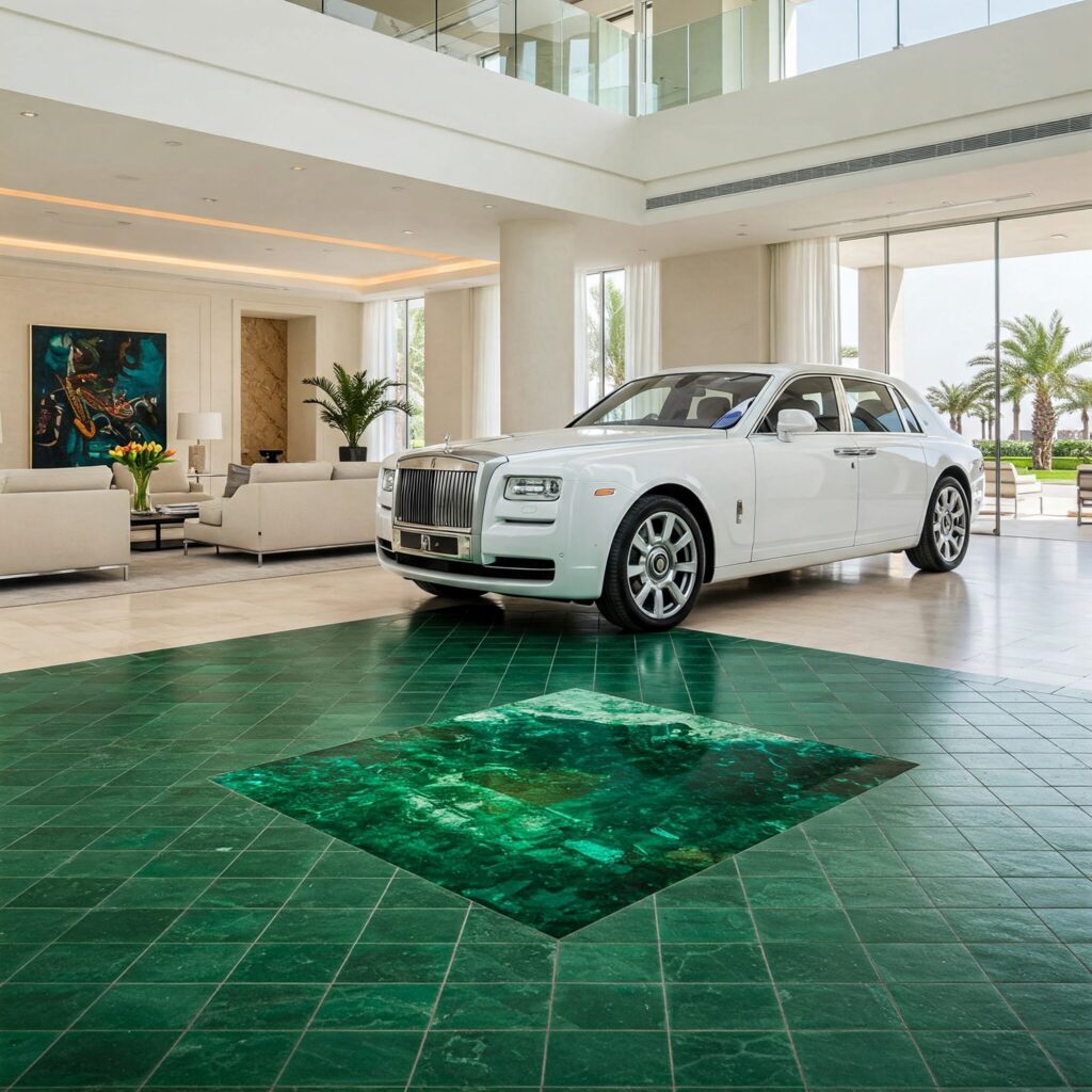10 Gorgeous Green Floor Tile Ideas That Will Refresh Your Space 8 rollsroyce-green-garage-luxury-floor-tile-Ideas